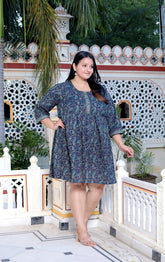 Plus Size Printed Women  Blue Tunic Dress-130022
